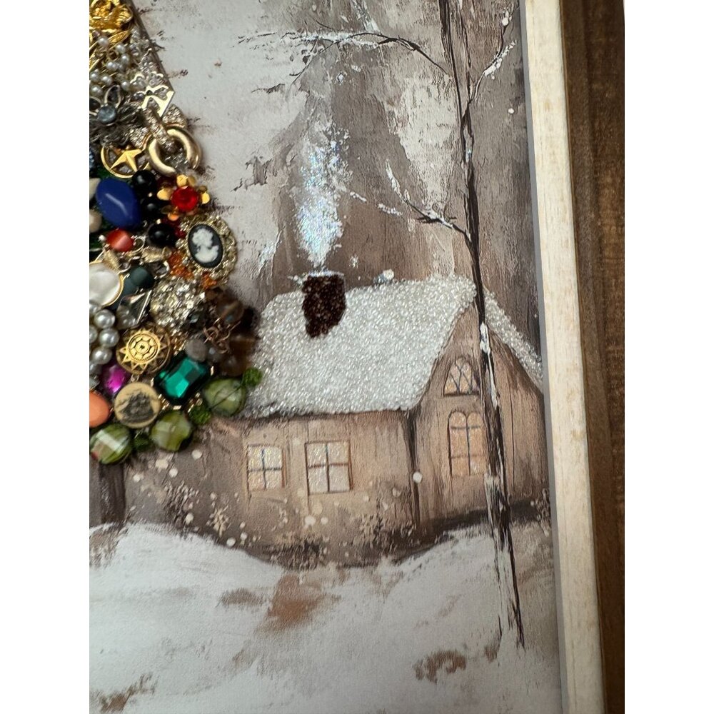 Designs By Betty Jewelry Art Christmas Tree Cabin Scene 14" X 17" Logo Signed - Picture 9 of 9